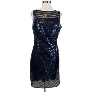 Vince Camuto Sequined Sleeveless Sheath Cocktail Dress Navy Blue Size 10